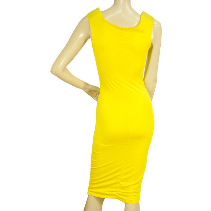 Bright Yellow Bodycon Below Knee Length Sleeveless Bow Midi Dress