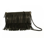 Stella Rittwagen Black Leather Boho Hippie Shoulder Bag with Fringes Handbag