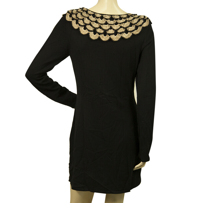 Temperley Black Silk Knit Beige Gold Crochet Bib Long Sleeves Mini Dress size L