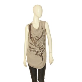 Helmut Lang Beige Draped Longer Front Sequined Silk Sleeveless Blouse Top M