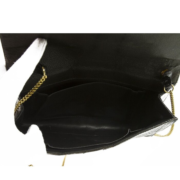 Vintage Black Croco Gold Tone Chain Flap Top Clutch Shoulder Evening Bag Handbag