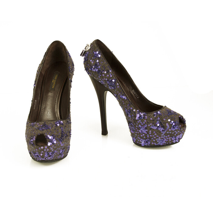 Louis Vuitton Oh Really Purple Sequins Glitter Lock Platform Peep Toe Pumps 37