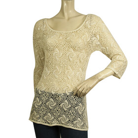 Dolce &amp; Gabbana D&amp;G Cream Crochet Knit Beaded Sheer Long 3/4 Sleeve Top