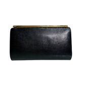 Gucci Vintage Black Lizard Leather Box Case Framed Clutch with goldtone hardware