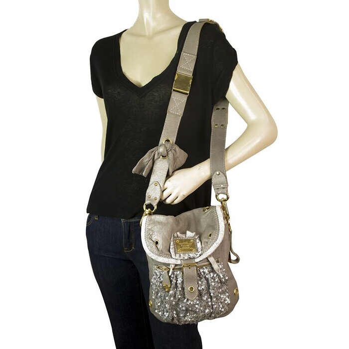 Dukas Gray Leather Sequined Canvas Gold Tone HW Shoulder Bag Crossbody Messenger