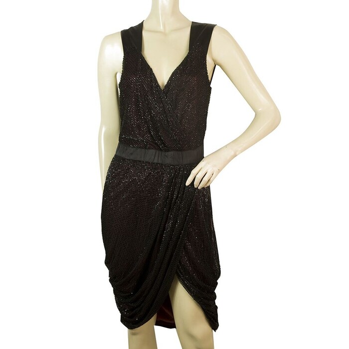 Pinko Black Fully Beaded Sleeveless Draped Tulip Mini Dress sz 44