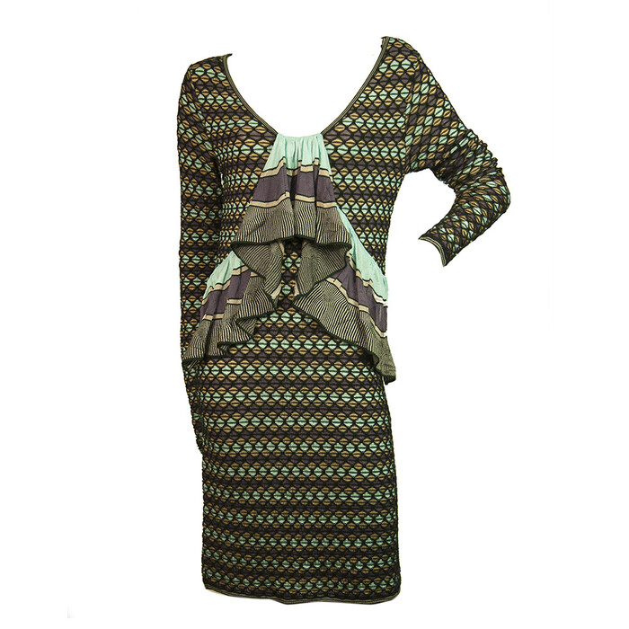 M Missoni Black & Multicolor Knitted Long Sleeve Ruffle knee length dress 42 IT