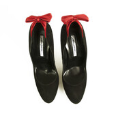 Brian Atwood Black Suede Red Satin Bow Classic Pumps Heels Shoes - Size 40