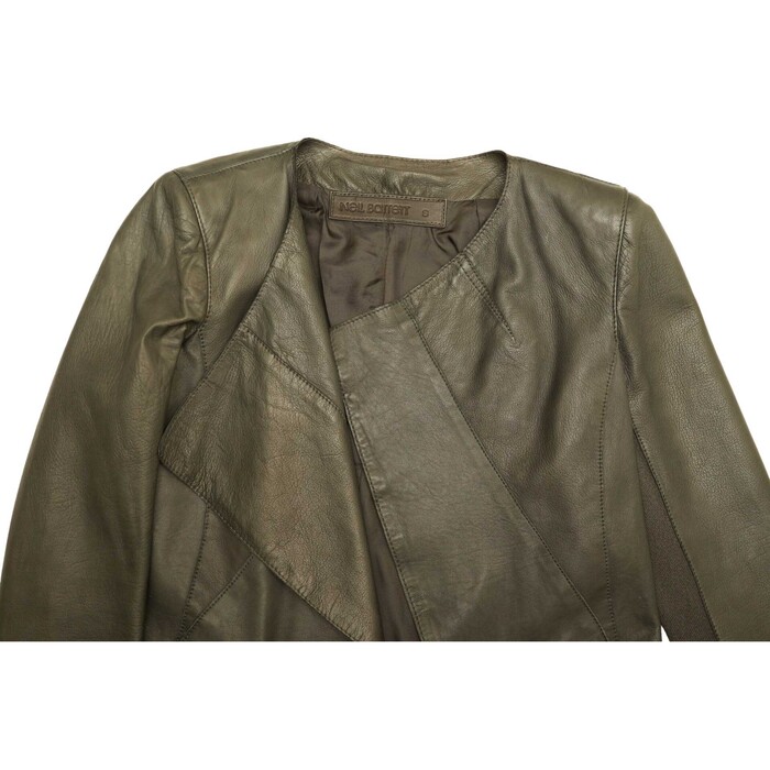 Neil Barrett Dark Green Real Leather Open front Collarless Jacket Size S