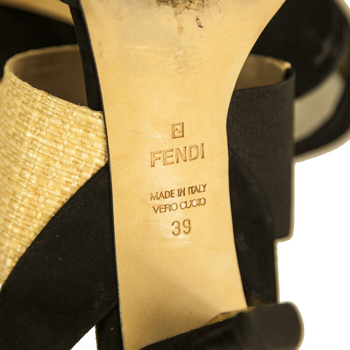 Fendi Black Suede Beige Raffia Open Toe Sandals Shoes Slingback Heels size 39