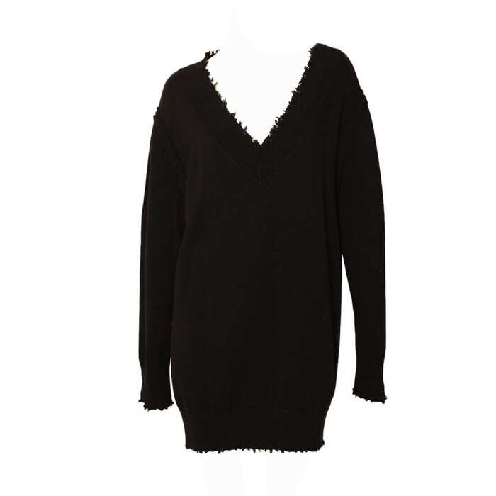 T by Alexander Wang Black Knit V- Neckline Distressed Jumper Sweater Dress