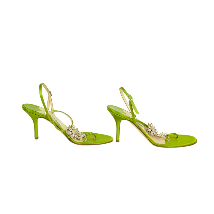 Jimmy Choo Green Crystal Flower Thong Sandals Slim Heel Strappy Shoes 39.5