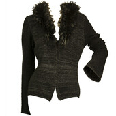 Roberto Cavalli Black Gray Fur Silver Shine Knit Cardigan Cardi Jacket sz M