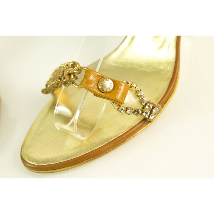 Roberto Cavalli gold & tan leather chain sandals slides ankle strap sz 37