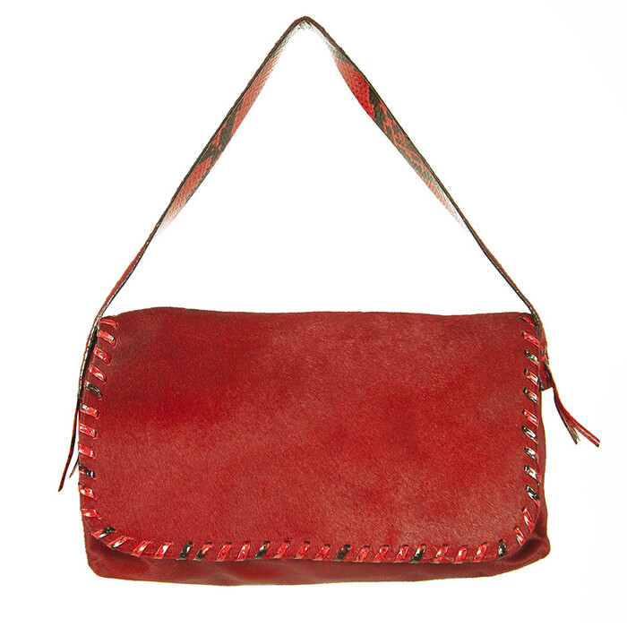 Emanuel Ungaro Red Calf Hair Flap Top Snake Trim Baguette Shoulder Bag Handbag