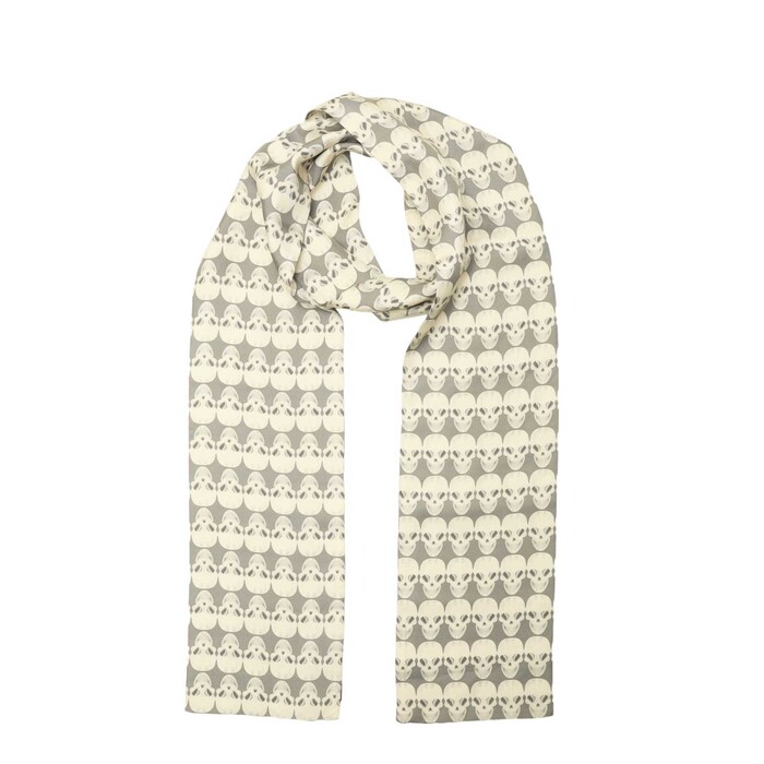 Thomas Wylde Gray with Skulls Print Long Scarf Wrap Foulard