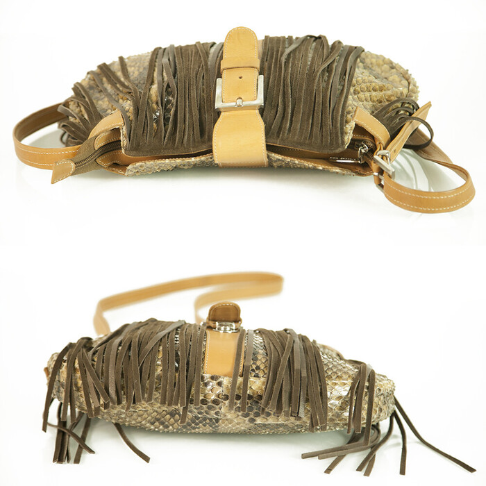 Sem Vaccaro Brown Python Leather Boho Hippie Shoulder Bag with Fringes Handbag