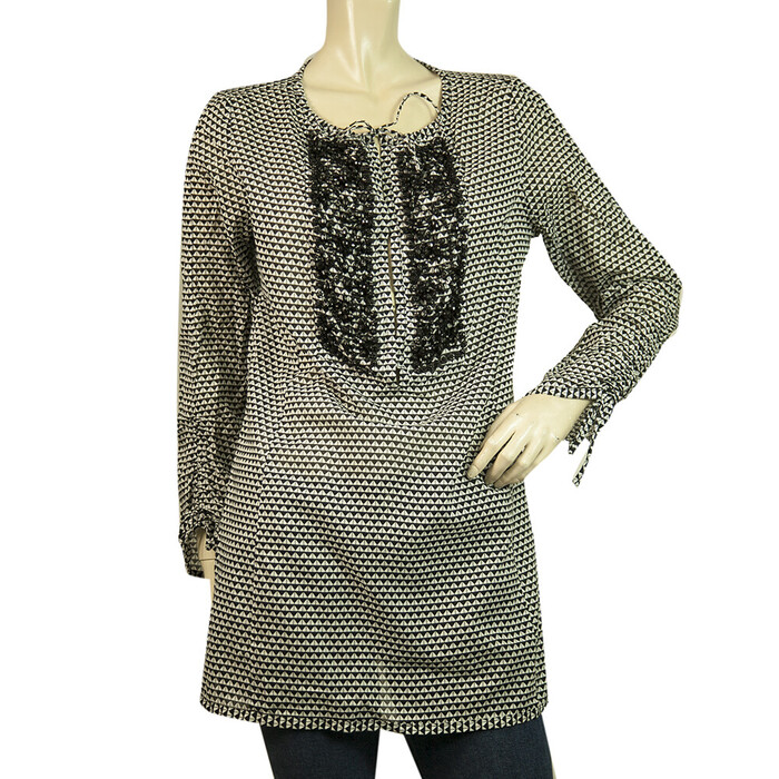 Steffen Schraut  Black & White Beaded Tunic Geometrical Tie Front Top Blouse