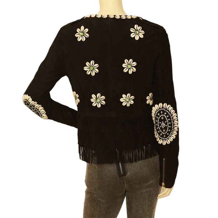 Manoush black suede off center zip jacket embroided with shells crystals size 36