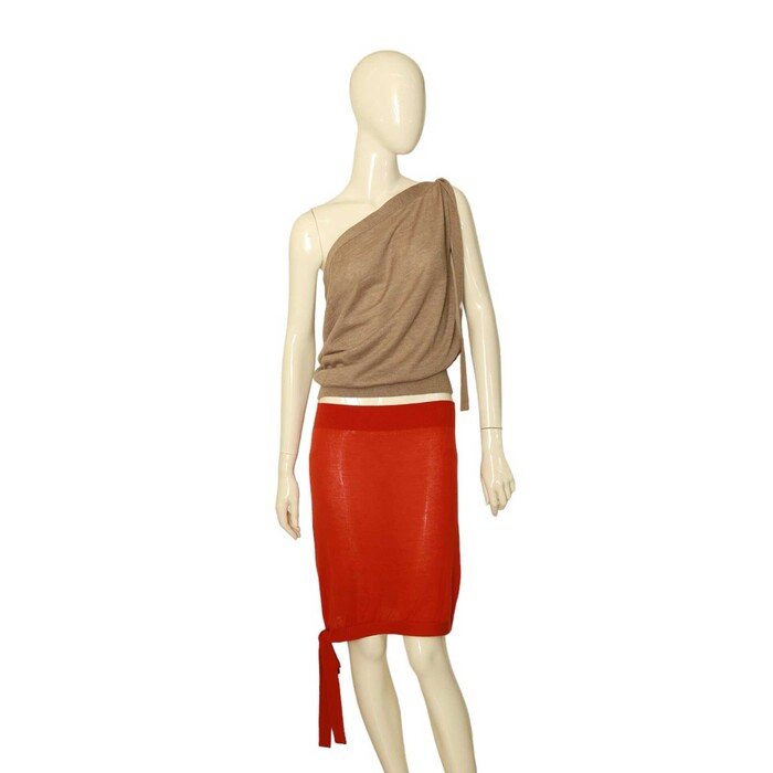 Tomas Maier Red & Beige 100% Cashmere knit Convertible Top & Skirt size 36 / 38