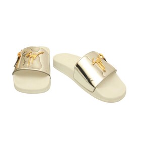 Giuseppe Zanotti Brett Logo Silver Leather Zip Slides Sandals Shoes size 39