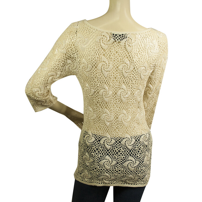 Dolce & Gabbana D&G Cream Crochet Knit Beaded Sheer Long 3/4 Sleeve Top