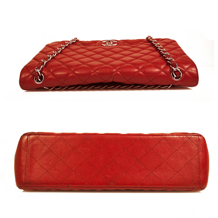 CHANEL Red Caviar Leather Classic Double Flap Maxi Bag Silver hardware