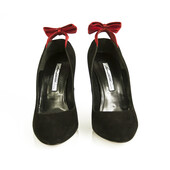 Brian Atwood Black Suede Red Satin Bow Classic Pumps Heels Shoes - Size 40