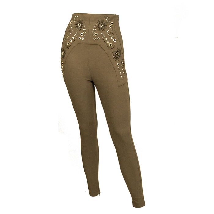 Elisabetta Franchi Beige Brown Studded High Waist Leggings Trousers Pants sz 40