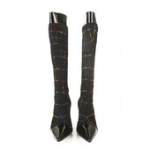 Gina Tweed Fabric Black Patent Leather Boots Slim heels Shoes Back Zipper sz 6