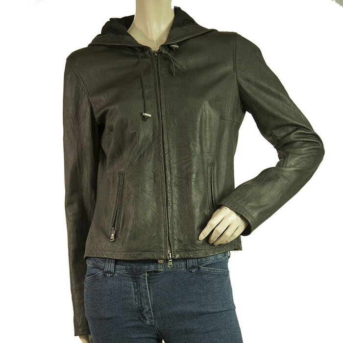 Lot78 Black Leather with Hood Zipper Short Jacket size 42