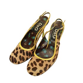 Dolce &amp; Gabbana D&amp;G Leopard Calf Hair Yellow Trim Heels Slingback Mules Shoes 38