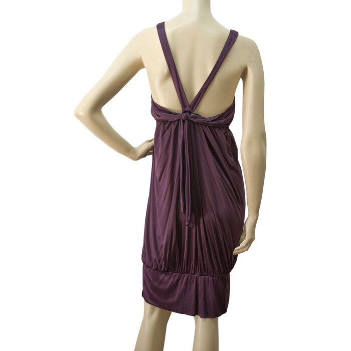 Alice San Diego 100% silk deep purple knee length open back puff dress