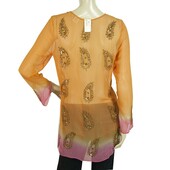 A ce soir Orange Silk Paisley Sequins Blouse Tunic Kaftan Cover Up Top sz S