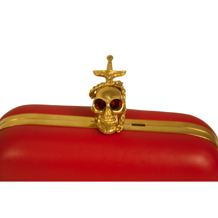 Alexander McQueen Red Leather Crystal Studded Gold Stabbed Skull Clasp Clutch