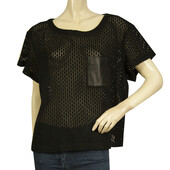 Gerard Darel Black Perforated with Leather Front Pocket T- Shirt Top Size 44