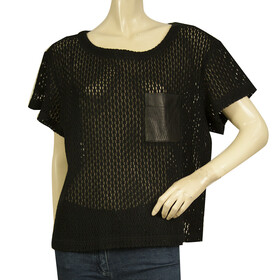 Gerard Darel Black Perforated with Leather Front Pocket T- Shirt Top Size 44