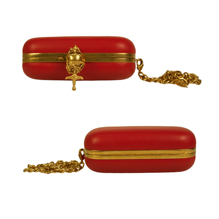 Alexander McQueen Red Leather Crystal Studded Gold Stabbed Skull Clasp Clutch