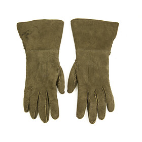 Chanel khaki green suede leather and lambskin fur gloves with CC button size 7