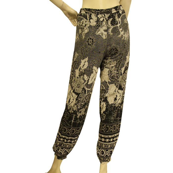 Fuzzi Black & Beige Floral Elastic Waist & Cuffs Summer Trousers size S