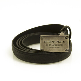 Philipp Plein Woman&#039;s Black Silver tone Buckle Thin Skinny Leather Belt size 80