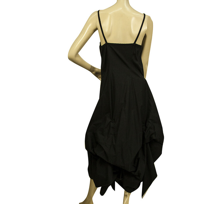 Black Cotton Spaghetti Straps Asymmetric Balloon Midi Dress w. Rivets size S