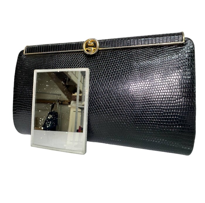 Gucci Vintage Black Lizard Leather Box Case Framed Clutch with goldtone hardware