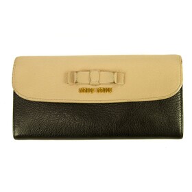 Miu Miu Beige and Black Leather Wallet Gold hardware Bow Long Envelope