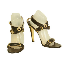 Jimmy Choo Black Leather Gold Grommets Strappy Sandals Heels shoes size 40