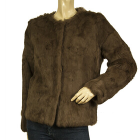 Sunrise 100% Lapin Brown Fur Hook &amp; Eye Closure Collarless Jacket Coat size M