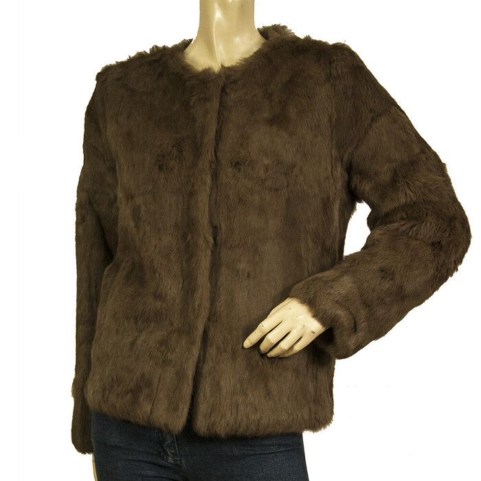 Sunrise 100% Lapin Brown Fur Hook & Eye Closure Collarless Jacket Coat size M