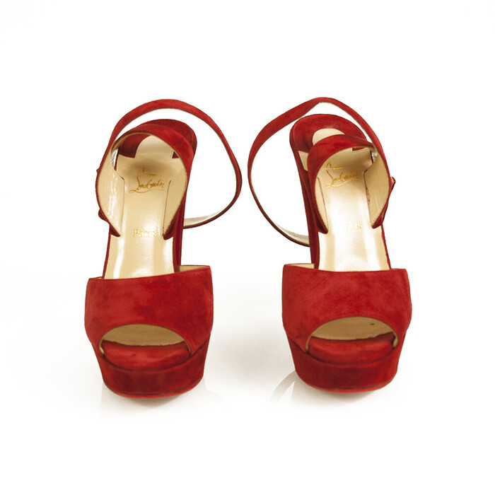 Christian Louboutin Louloudance Red Suede Platform Red Sole Sandal Heels 37,5eu