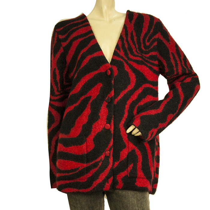 Saint Laurent Red Black Zebra Print Mohair wool knit Cardigan Jacket size M