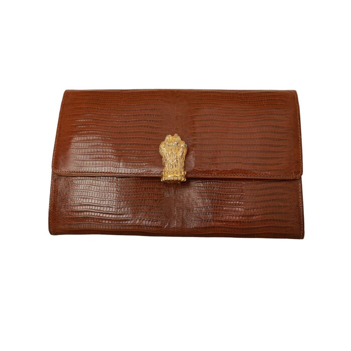 Gianfranco Ferre Brown Lizard Leather Flap Top Clutch Bag Goldtone Lion Paw